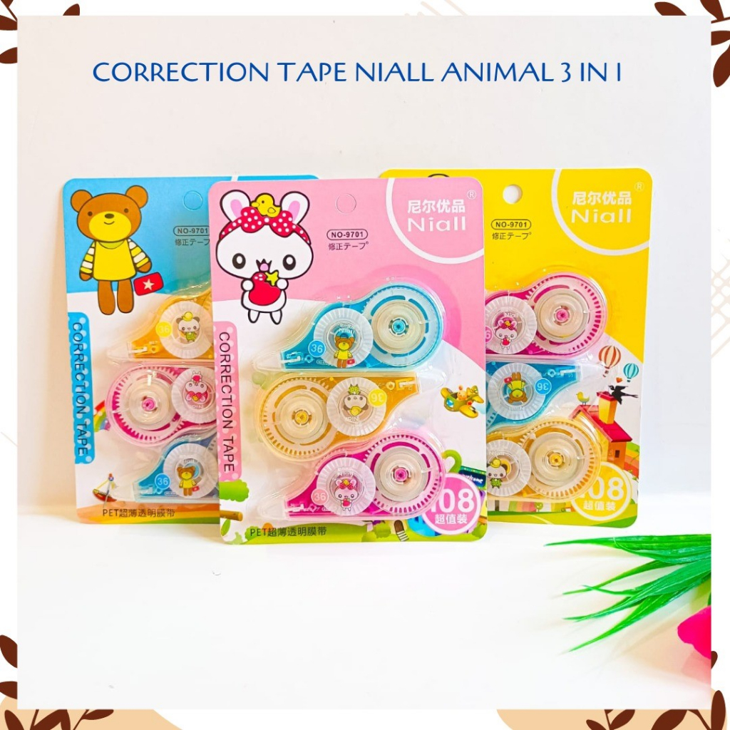 

Correction tape Niall animal 1 Set isi 3 biji Roll Tipe x kertas warna pastel Tip ex V2 Correction Roll and Cair motif Lucu Imut Terbaru COD