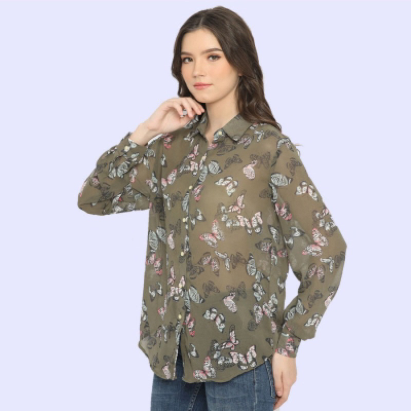 H&M 230 Olive Butterfly Shirt - Baju Atasan Kemeja Lengan Panjang Wanita Branded Original
