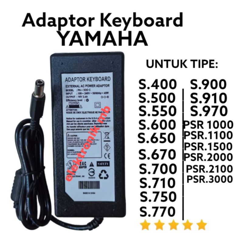 adaptor untuk keyboard yamaha psr 1000/psr1100/psr1500/psr2000/psr2100/psr3000 autput 16v-2,4A