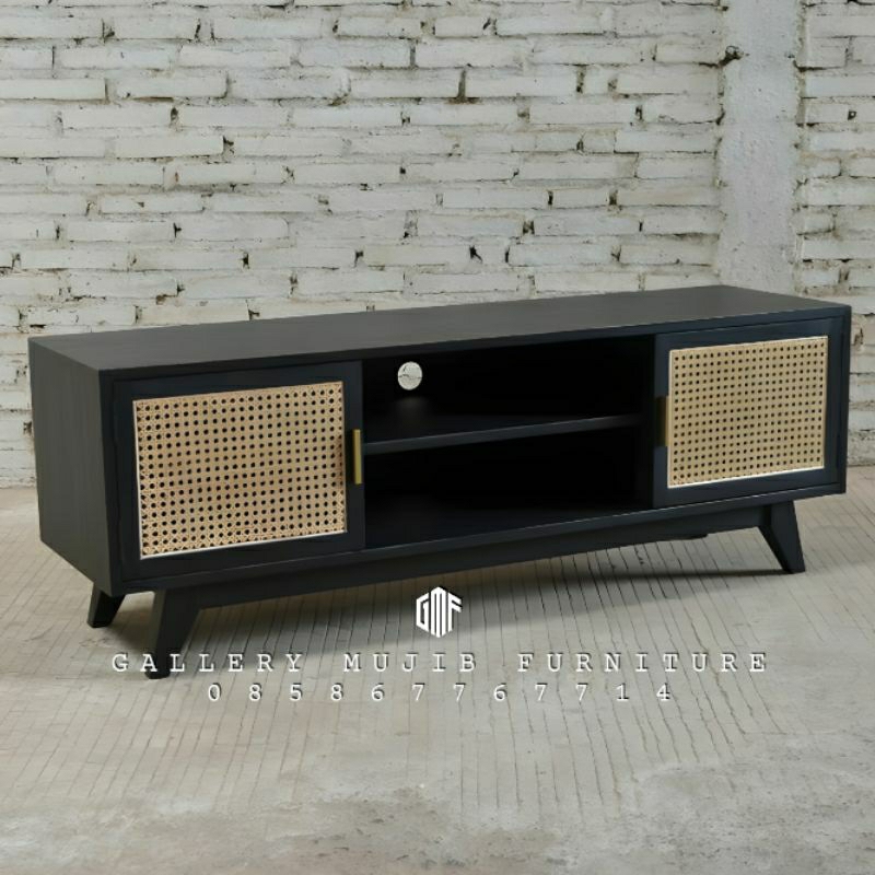 Meja Tv hitam doff pintu rotan bufet TV minimalis modern kayu jati