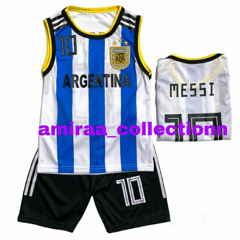 SETELAN BAJU JERSEY SINGLET SEPAK BOLA  TERBARU SET ANAK ARGENTINA PUTIH