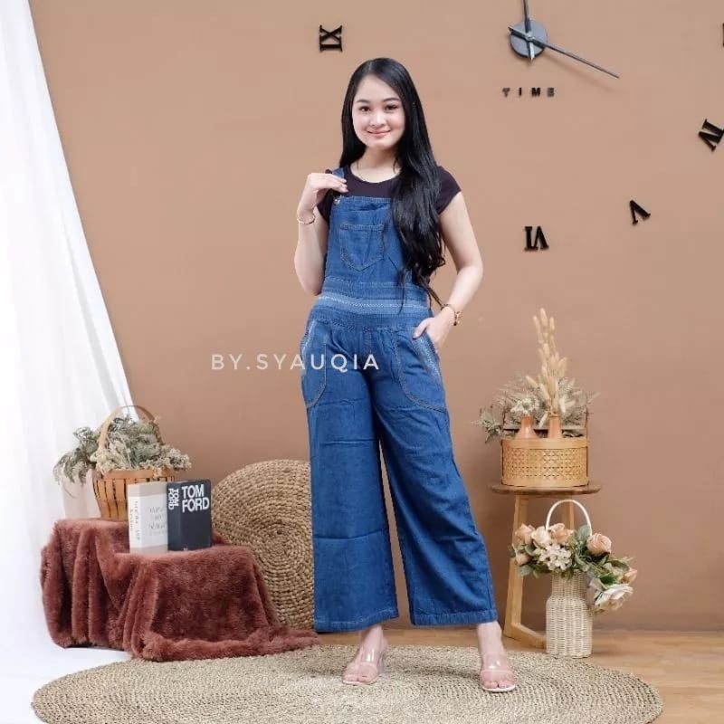 Syauqia - Kulot Overall dewasa, Overal Jeans Wanita, Kulot Temi Panjang