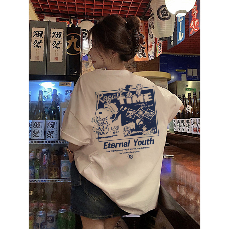 Blue Snoopy Kaos Hitam Lengan Pendek Wanita Kekinian Graphic T-shirt Oversize