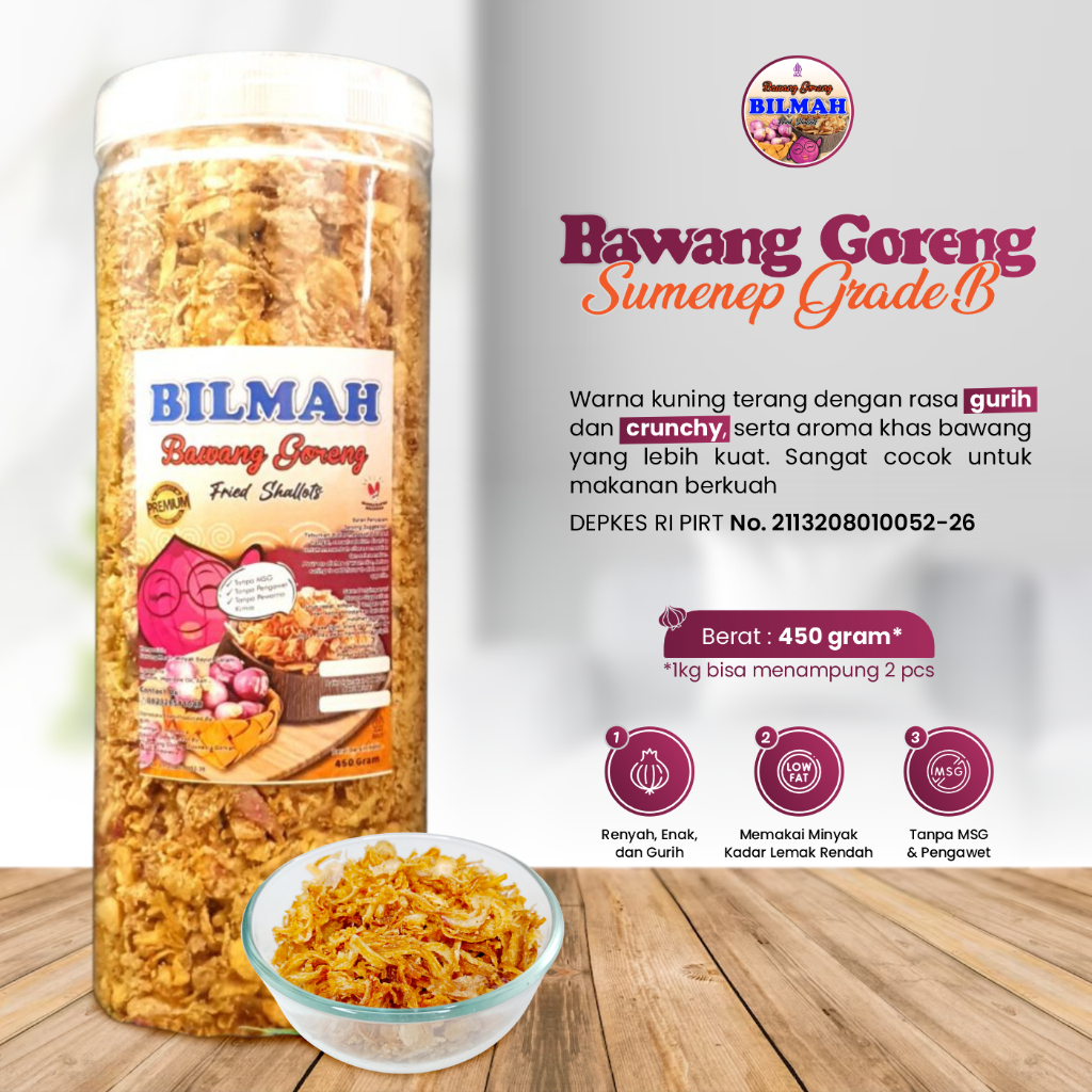 

Bilmah Bawang Goreng Asli Sumenep Grade B Kemasan Toples 450 Gram