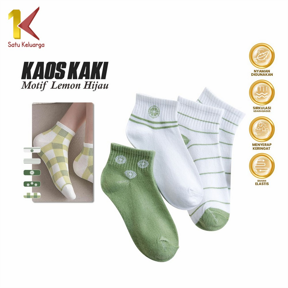 Satu Keluarga Kaos Kaki Wanita Motif Lemon Hijau Semata Kaki P569 Kaus Kaki Pendek Unisex Ankle Sock