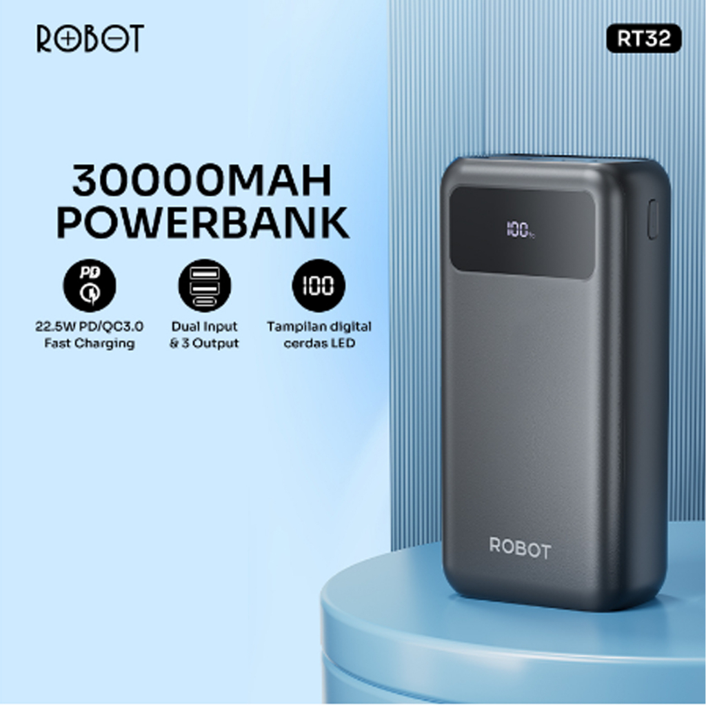 Power Bank Robot RT32 30000 Mah - RT30 Quick Charge 22.5W LED Display Support Pengisian Daya Cepat