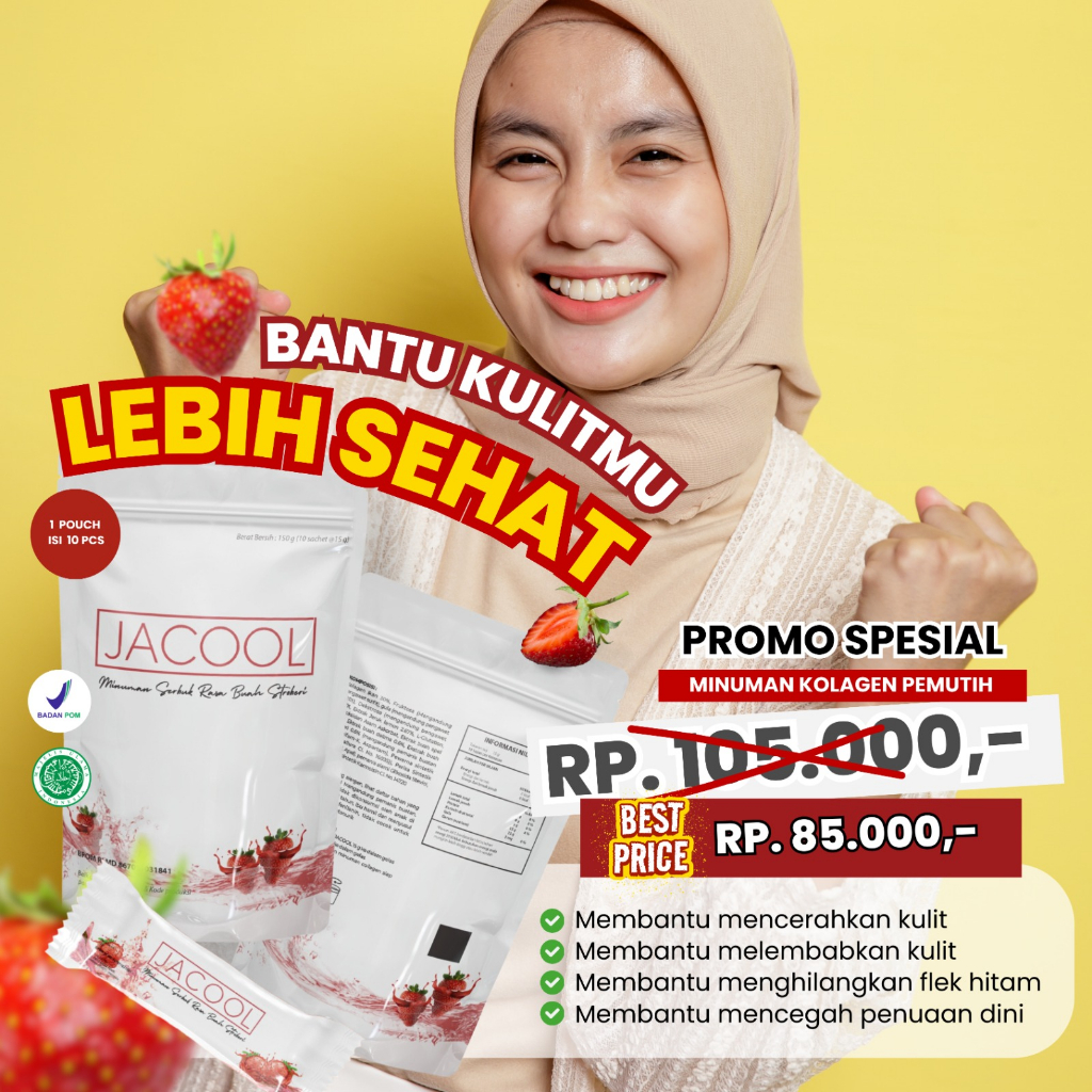 Jacool Collagen Drink Minuman Kolagen Ikan + Vitamin C L-Glutathione Rasa Strawberry Suplemen Kecantikan Perawatan Kulit Minuman Serbuk Collagen Beauty Drink Tripeptide Isi 10 Sachet BPOM