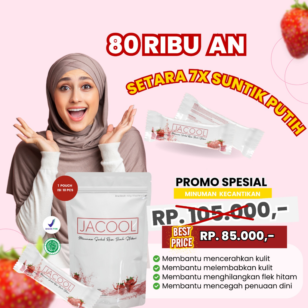 Jacool Collagen Drink Suplemen Kecantikan Perawatan Kulit Minuman Kolagen Ikan + Vitamin C Rasa Strawberry Minuman Serbuk Collagen Beauty Drink Tripeptide L-Glutathione Isi 10 Sachet BPOM