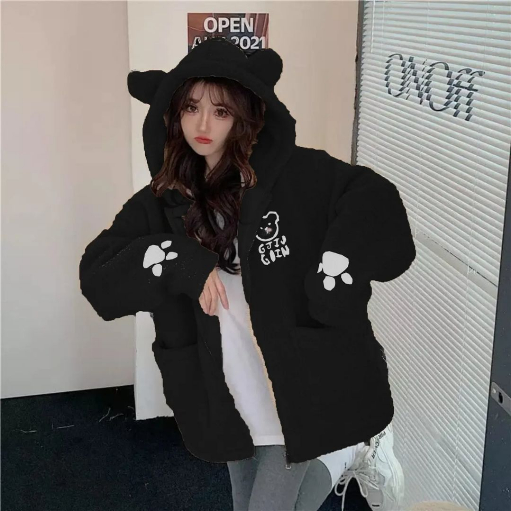 HOODIE TERBARU BEAR GIRL ZIPER SHERPA BAHAN SHERPA LD 100 CM PB 65 HOODIE OVERSIZE KOREAN SWEATER WANITA JUMBO