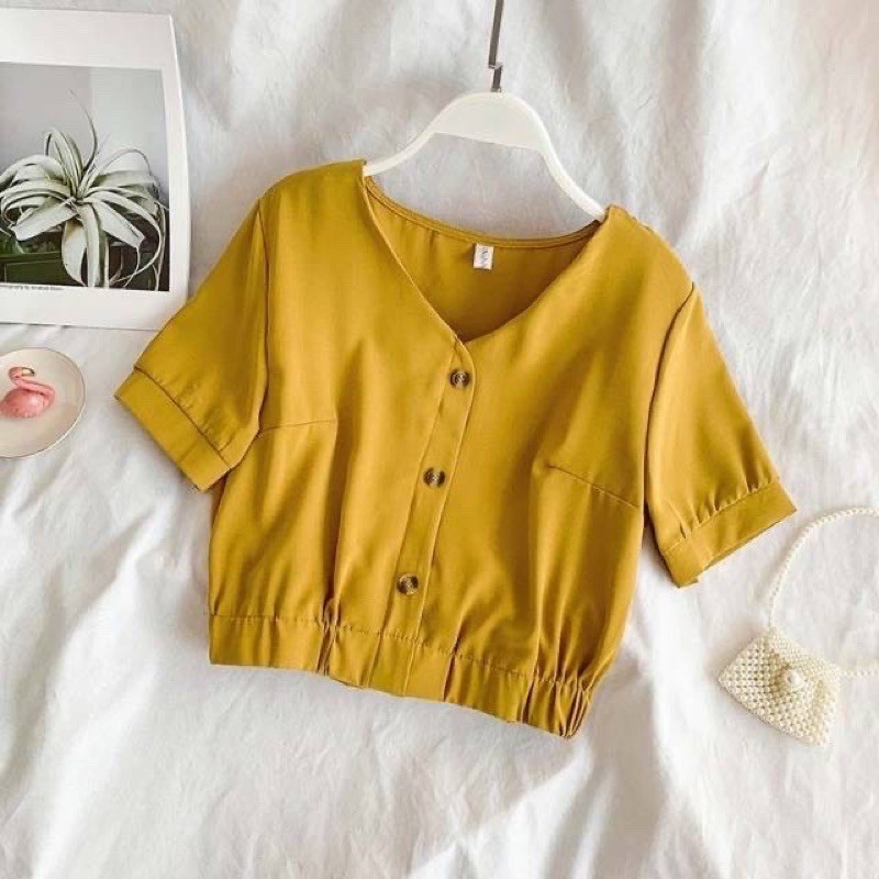ATASAN BAJU ZOYA CROP / KEMEJA CROP FULL KANCING AKTIF / BAJU CROP KERUT KARET