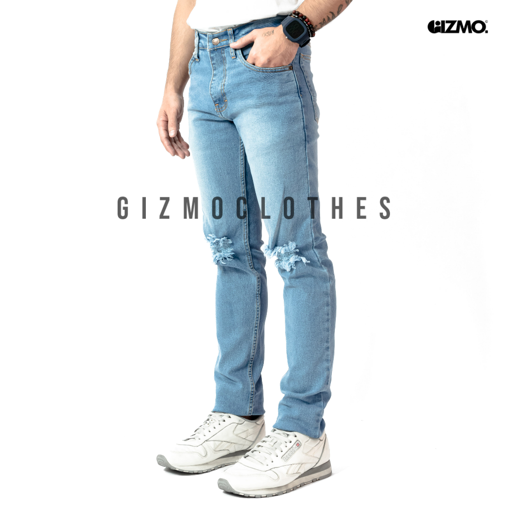 Gizmo - Celana Sobek Pria Grey Retro Ripped Jeans Robek Lutut Soft Denim Strech Skinny Fit / Bioblitz Ripped