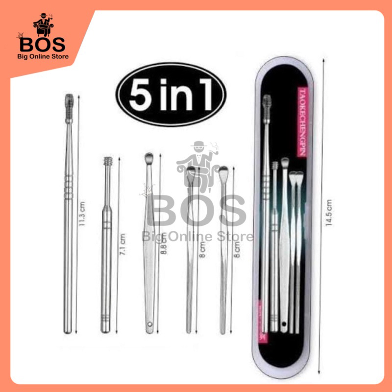 BOS - Korek Kuping Set 5in1 | Paket Alat Pembersih Kuping Stainless Steel 5 in 1