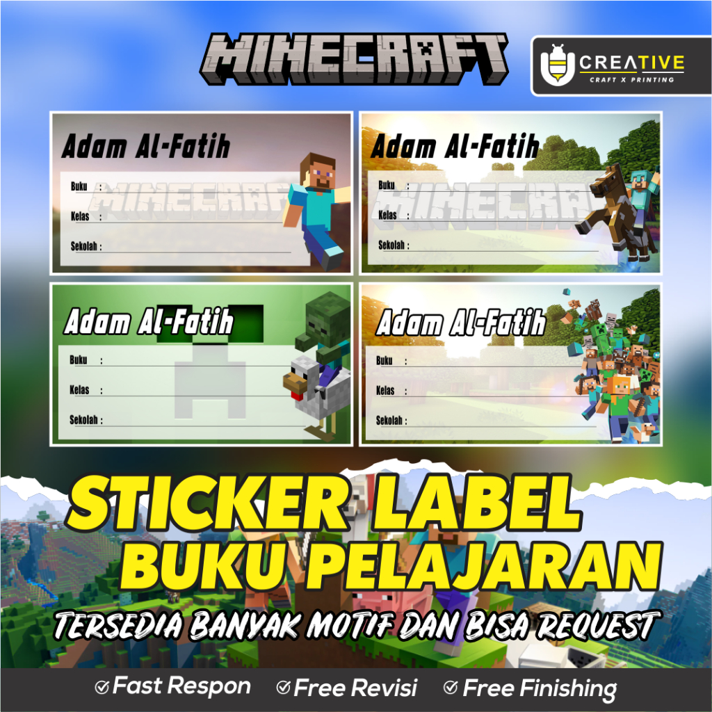 

Sticker / Label Buku Pelajaran Bisa Custom Nama (Isi 20pcs) Tema Minecraft