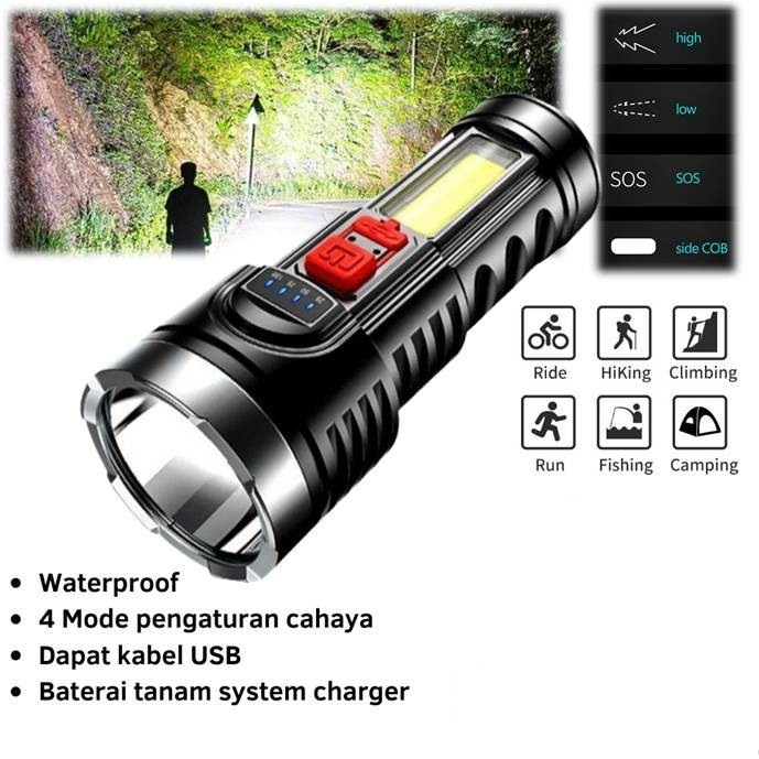 Senter Portable L-822 COB LED 2in1 Senter Penerangan Jarak Jauh Rechargeable Flashlight Light Super Terang Lampu Pencahayaan Darurat Untuk Camping Hiking Piknik Memancing Penerang SOS