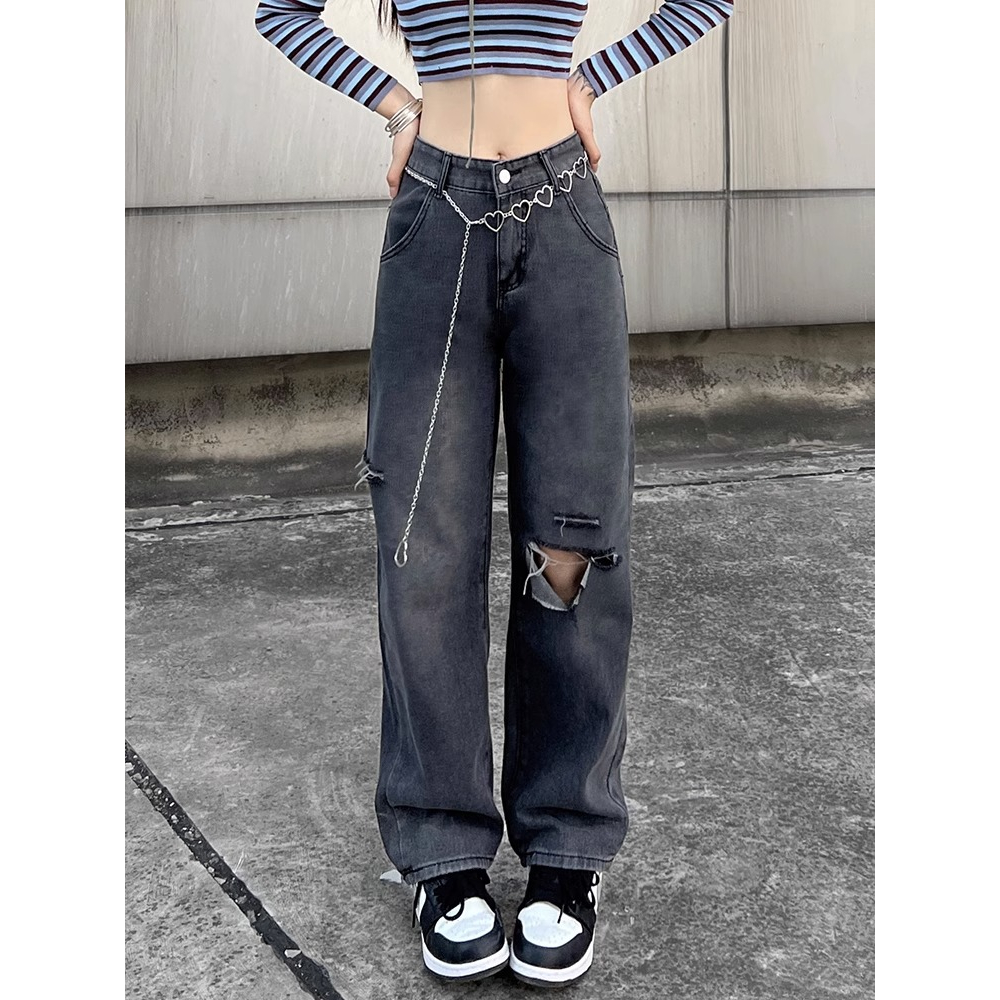 Sobek Jeans Highwaist Loose Celana Jeans Wanita Kelabu Hitam(realpict)