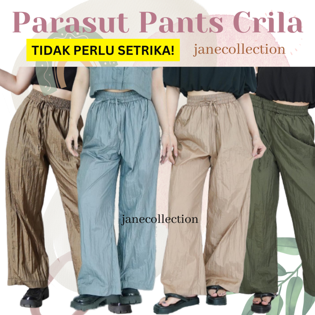 JANE COLLECTION || Celana Panjang Kulot Lebar Bigsize High Waist Crinkle Pinggang Karet PO BKK Celana Santai Hangout Polos Parasut Pants Crila