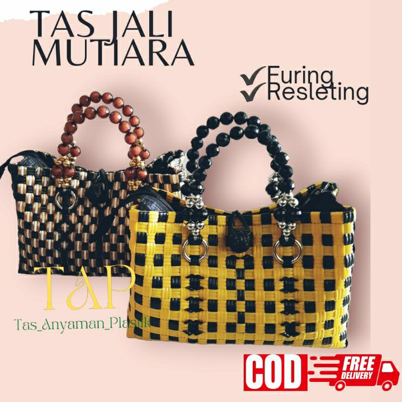 Tas Anyaman Anyam Handle Mutiara Resleting dan Furing