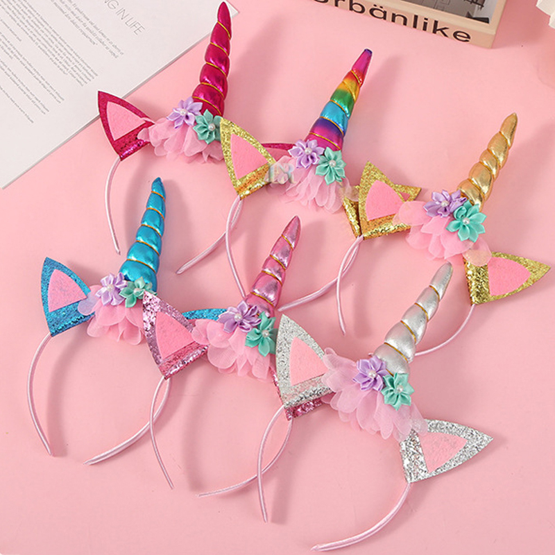 LNR Shop Bando Unicorn Warna Warni dengan Telinga Glitter Bling Bling Bondu Tanduk Kuda Poni Aksesoris Rambut Bondu Hairband Hiasan Kepala Bandana