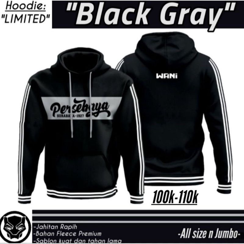 Jaket Hoodie Persebaya Surabaya Bonek Bonita Wani Black Gray