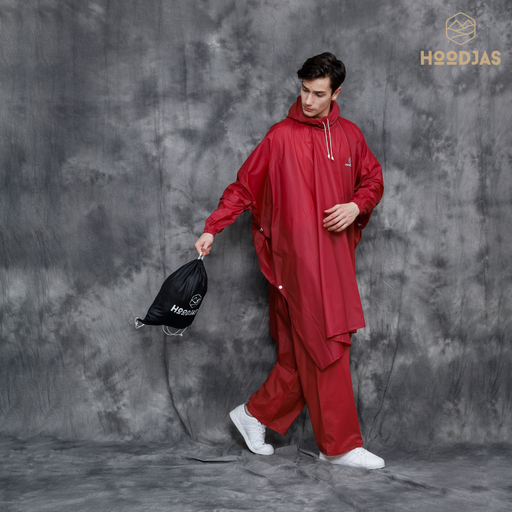 HOODJAS RAINCOAT JAS HUJAN PONCO LENGAN KELELAWAR DEWASA PRIA WANITA BAHAN PVC ANTI REMBES WARNA MERAH