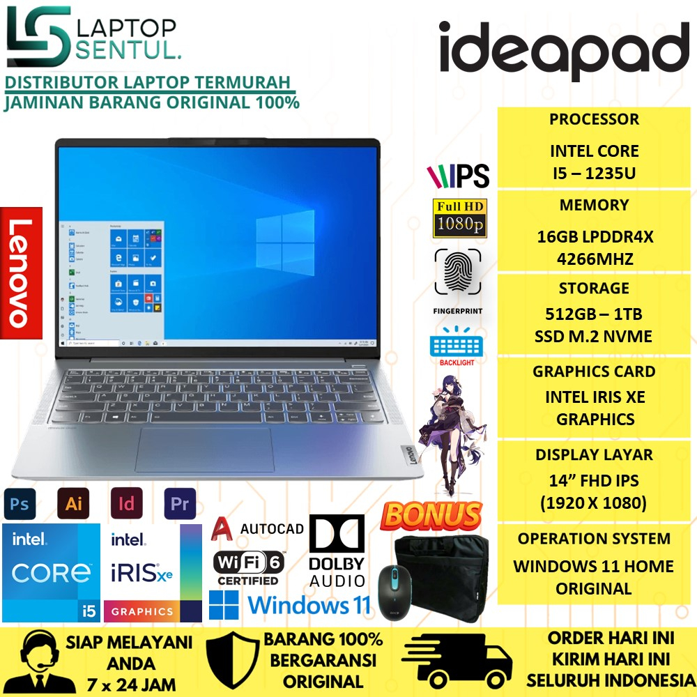 LAPTOP LENOVO IDEAPAD SLIM 5I 14 INTEL I5 1235U RAM 16GB SSD 1TB FHD IPS IRIS XE WINDOWS 11 ORIGINAL