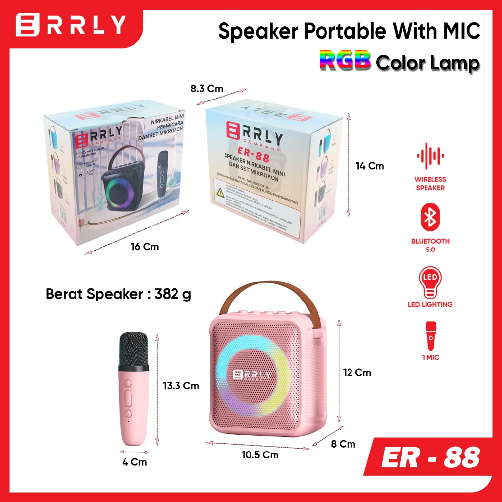 ERRLY ER-88 Speaker Bluetooth Microphone ER88 RGB LED 1 MIC Speker Karaoke KTV Nirkabel Wireless AUDIO EXTRA BASS Dapat terhubung ke HP , TV , Komputer