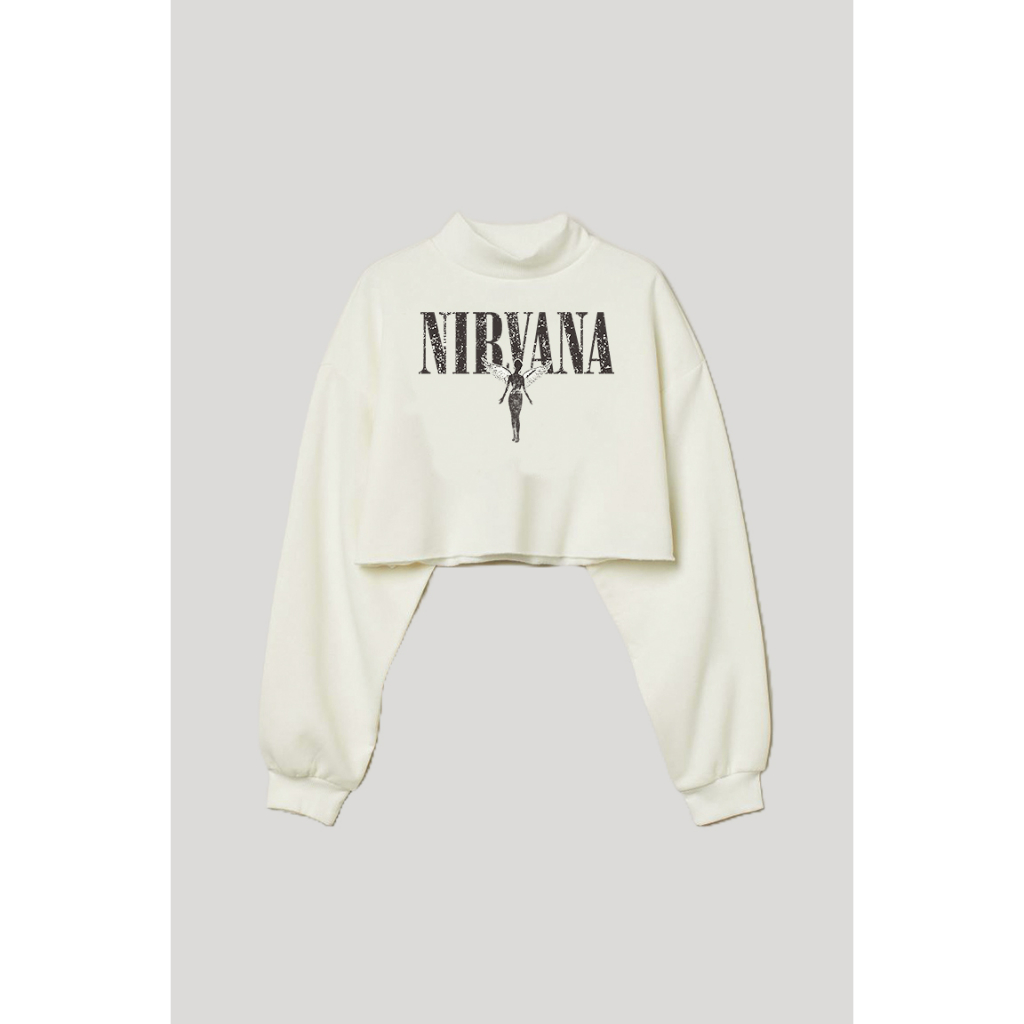 Crop Sweater H&amp;M NIRVANA Broken White Hoodie Crop Wanita Soft Cream