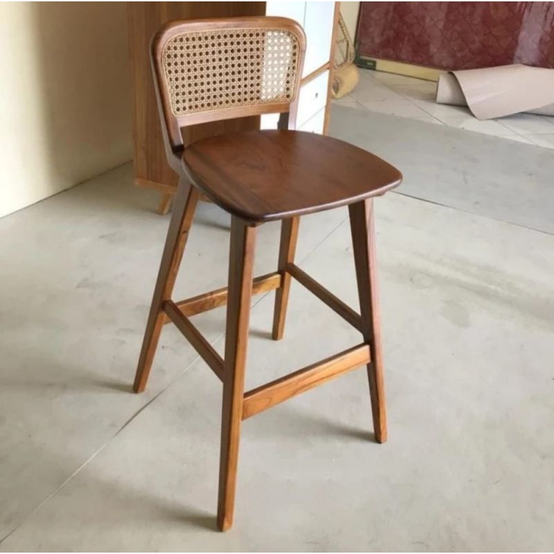 Kursi Bar Kayu Jati Kombinasi Rotan / Kursi Bar Jati Rotan Dudukan Busa Terlaris