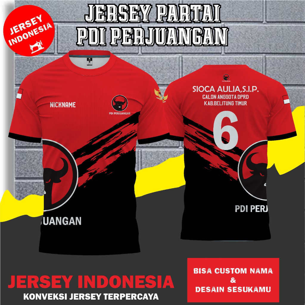 BAJU KAOS Partai PDI Perjuangan Lengan Pendek dan Panjang Dryfit Full Printing & Free Custom Desain