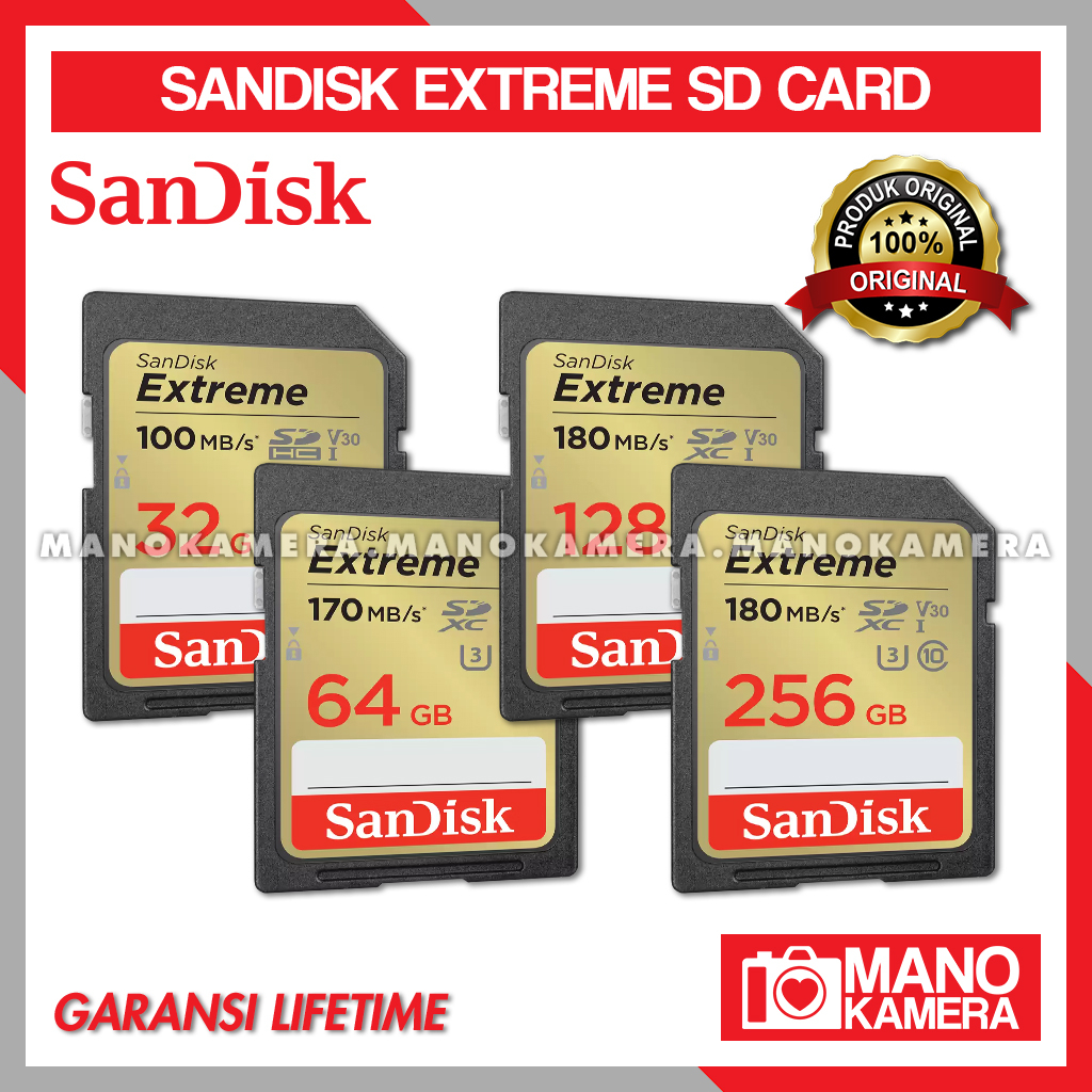 SD Card Sandisk Extreme 32GB 64GB 128GB Kamera DSLR MIRRORLESS 4K