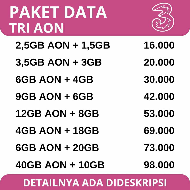 TERMURAH Isi Ulang Paket Data Kuota Tri AON 2,5GB 3,5GB 6GB 9GB 12GB 4GB 6GB Sampai 40GB