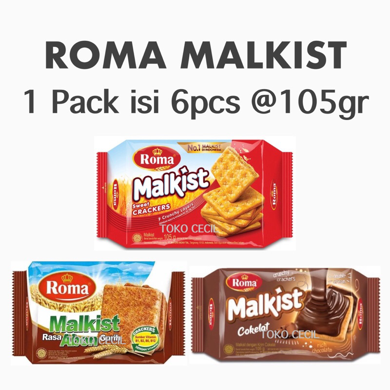 

Roma Malkist Biskuit 1 Pack isi 6 Bungkus @105gr Rasa Abon Gurih, Sweet Crackers Manis, & Cokelat Coklat