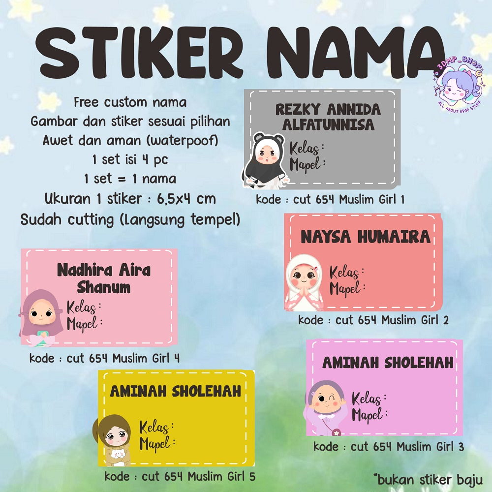

Stiker label nama custom request buku botol cutting anak sd laki laki perempuan muslim matpel mata pelajaran
