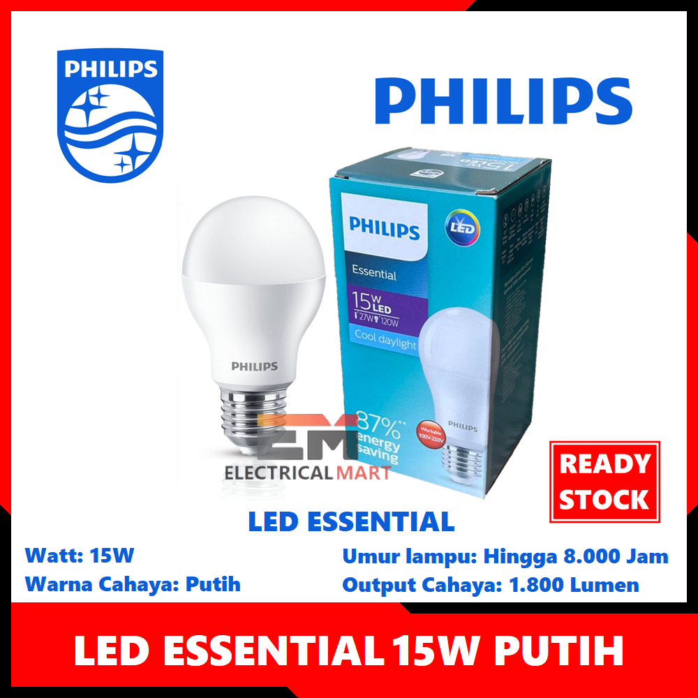 (GROSIR) Lampu Bulb LED Essential Philips 15W Putih CDL (15 W Watt 15Watt) Original Promo Murah