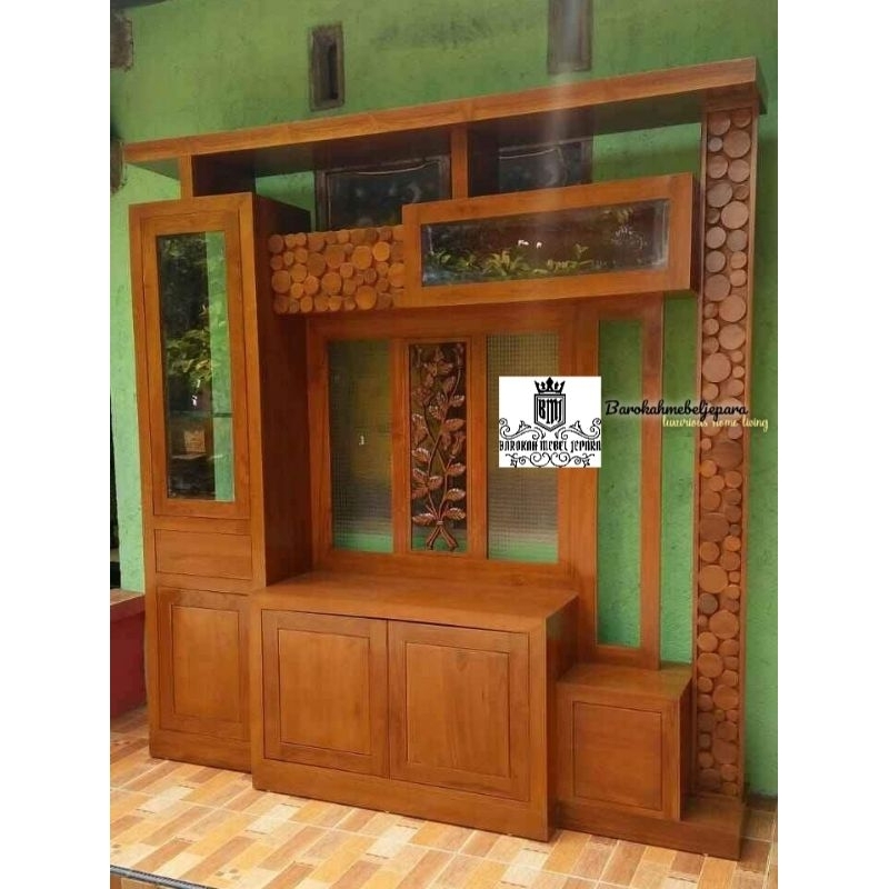 bufet tv partisi kayu jati modern penyekat ruangan