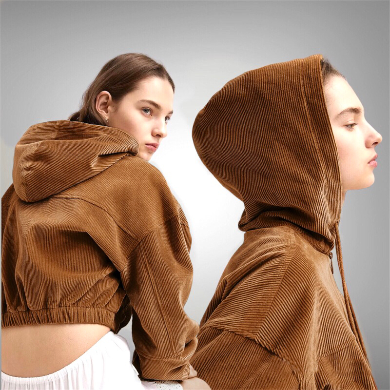 Caramel | Jaket Wanita Vintage Jacket Corduroy Hight Waist Cropped Hooded Top | Jaket Korduroi Hoodi