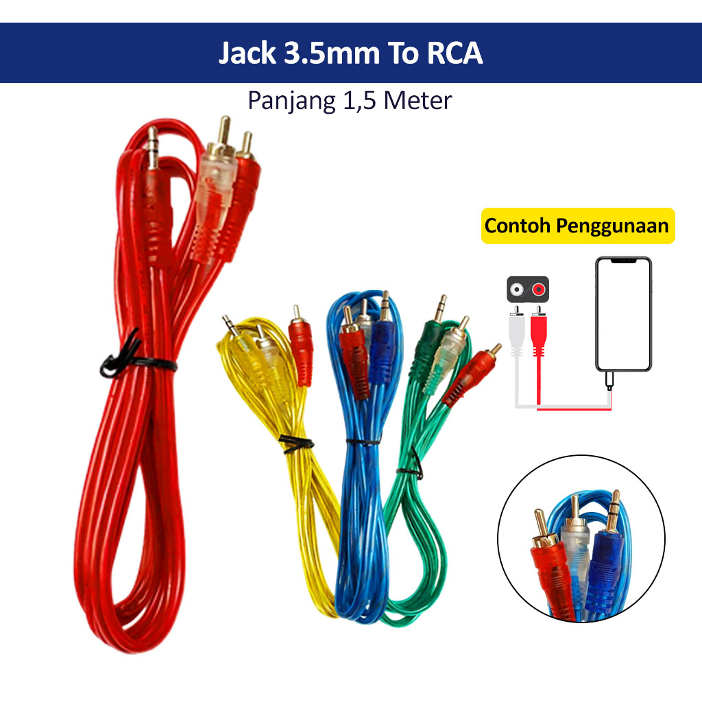 Kabel Salon Jack 3.5 mm Ke RCA 1.2 1.5 Meter Transparan Stereo Audio 1.5meter - Kabel Audio Dari HP 