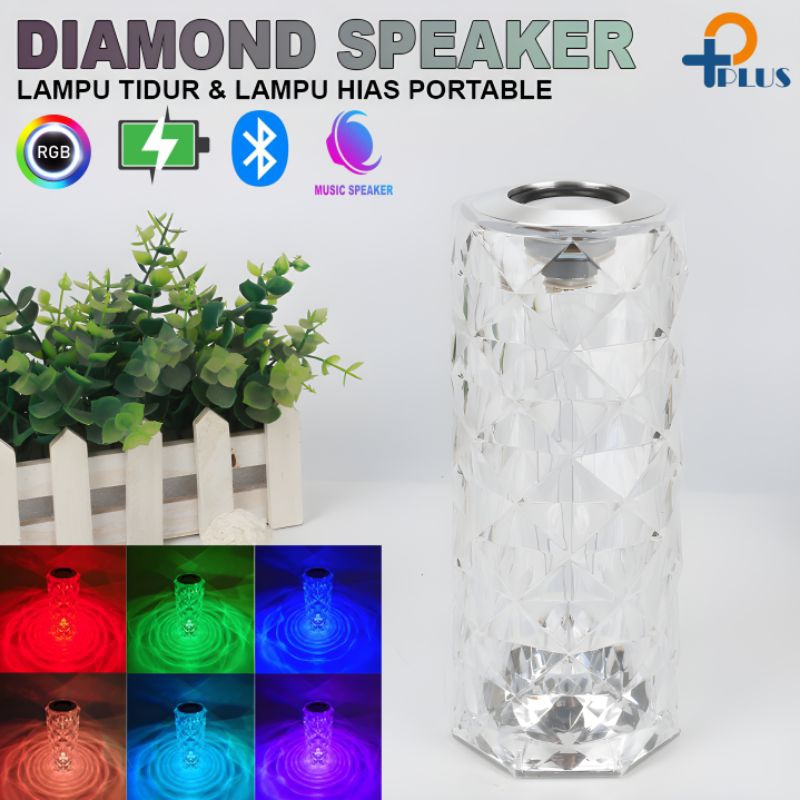 [ PPLUS ] Lampu Meja Speaker Bluetooth Protable Bateria Recharge Model Kristal Led Rose Diamond + Led RGB 7 Warna Warni