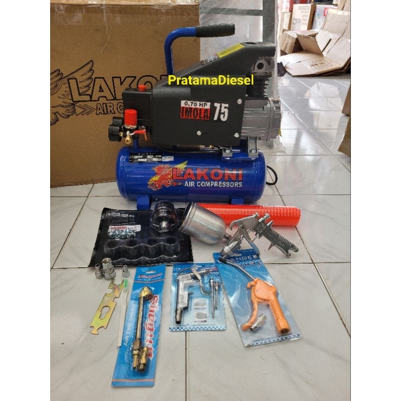 paket kompresor listrik Lakoni imola 75+spraygun f75+selang recoil 6m+Coupler SF PF