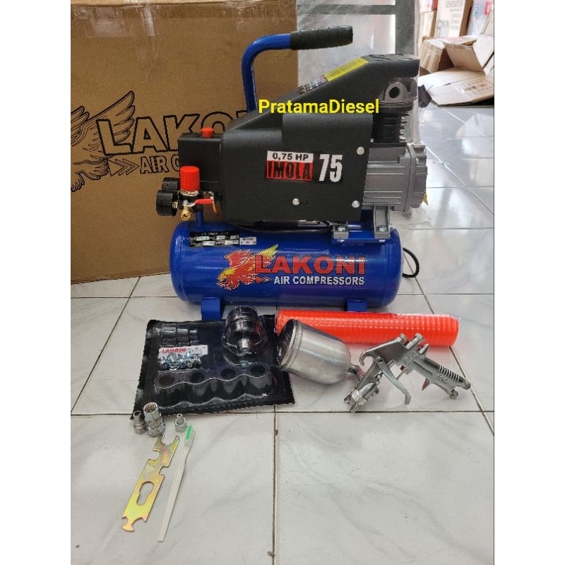 paket kompresor listrik Lakoni imola 75+spraygun f75+selang recoil 6m+Coupler SF PF