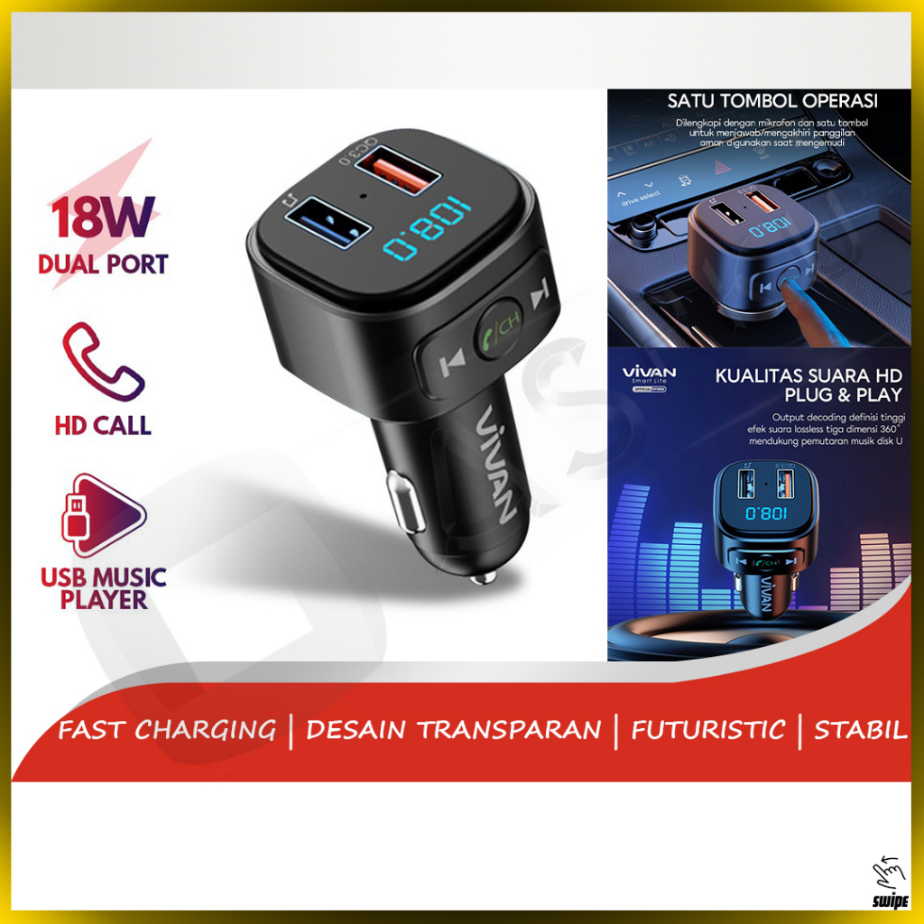 VIVAN Car Charger + MP3 Player VBT01 Carger Adaptor Adapter Batok Cas Fast Charging Kabel Cable Car