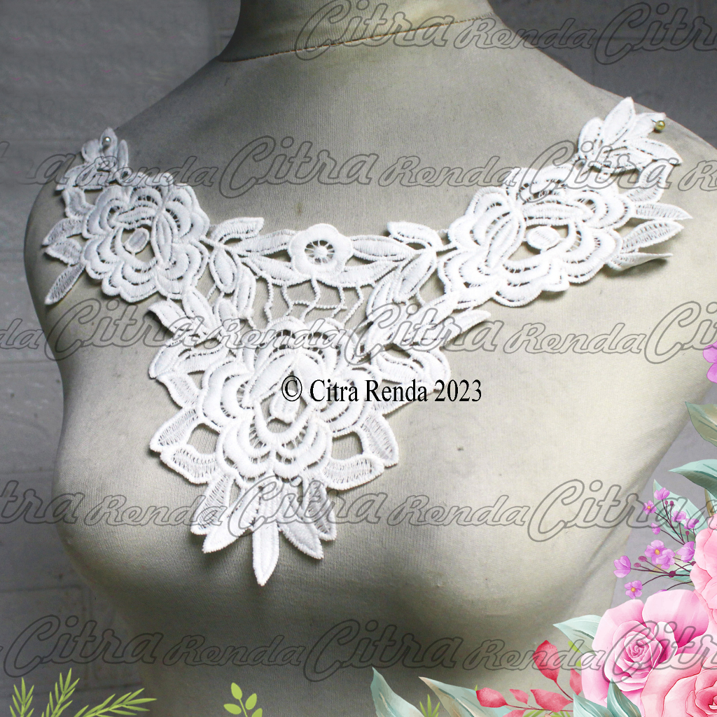 (Per Pcs) RL102 Aplikasi Leher / Kerah Bordir Tempel / Renda Leher Broken White