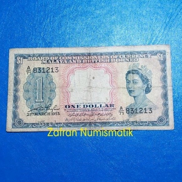 ZN831. Uang Asing Kuno 1 Dollar Malaya British Borneo Tahun 1953