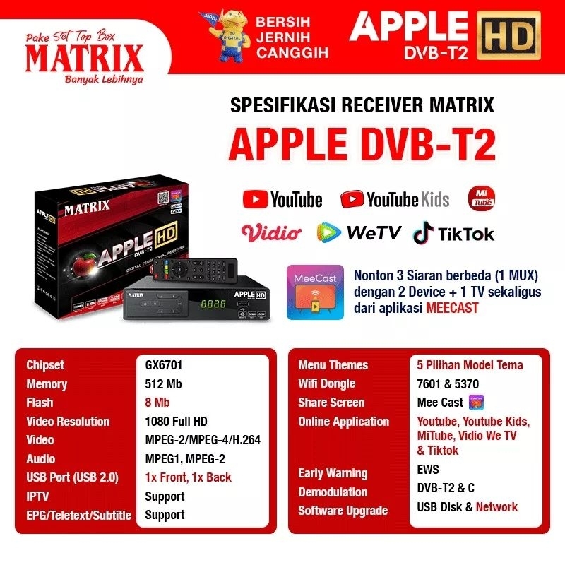 Set Top Box Digital Matrix APPLE MERAH HD Stb Evercros Prime TV Digital Super HD