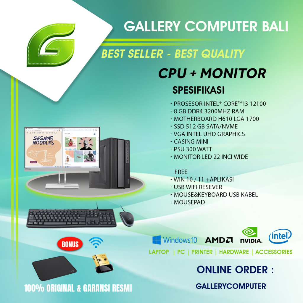 ( cpu dan monitor 22inci ) komputer pc rakitan intel core i3 gen 12