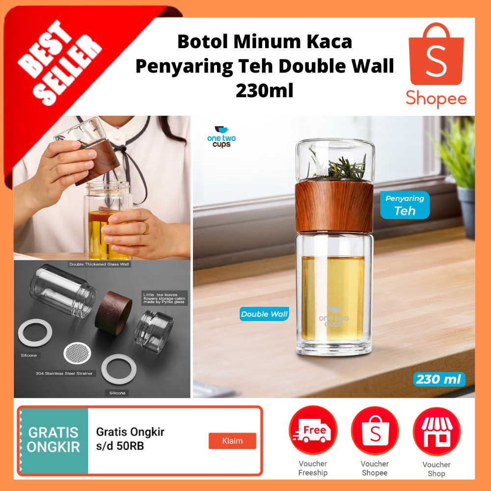 Botol Minum Kaca Penyaring Teh Double Wall 230ml / Gelas teh insulasi, Tumbler teh dapat dilepas por