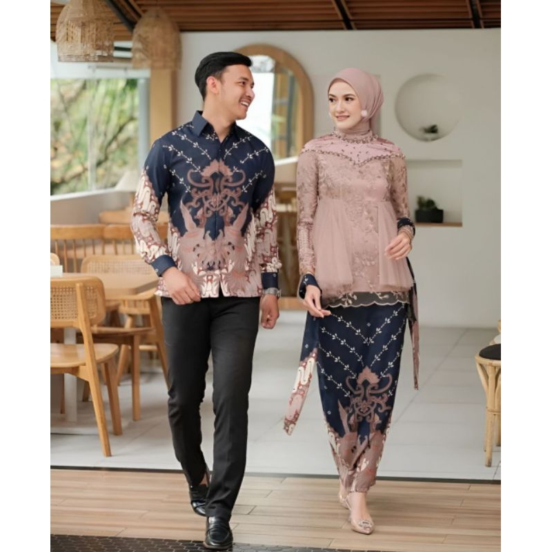 SARIMBIT SERAGAM BATIK KEBAYA+KEMEJA LENGAN PANJANG COUPLE PASANGAN BATIK KONDANGAN HAJATAN PESTA LA