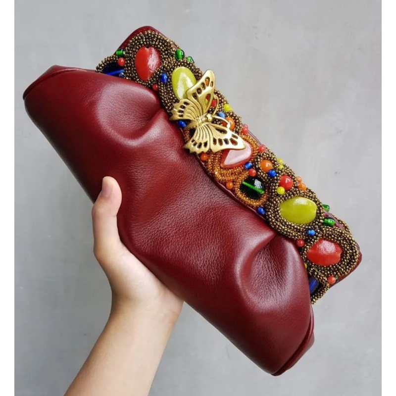 Clutch Pesta Asli Kulit-Clutch Roteli Handmade-Tas Kulit Asli-Clutch Kulit Domba Asli