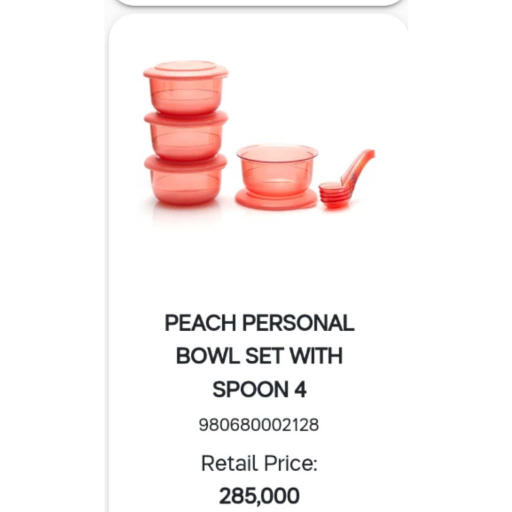 Peach Personal Bowl Set With Spoon (4) Tupperware