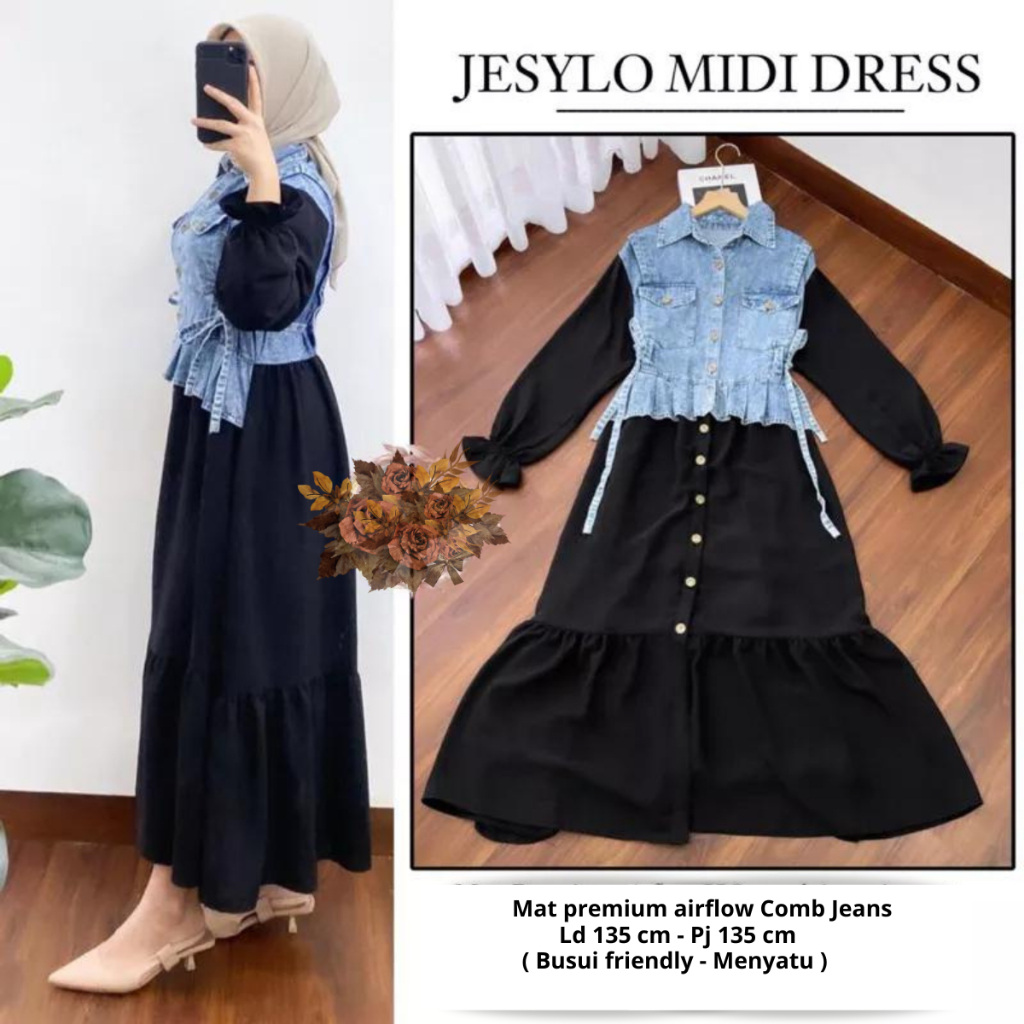 Rasya Midi Dress Jeans Kombinasi Crinkle Airflow Gamis Wanita Dewasa Jumbo LD 120 - 130 cm Rompi Men